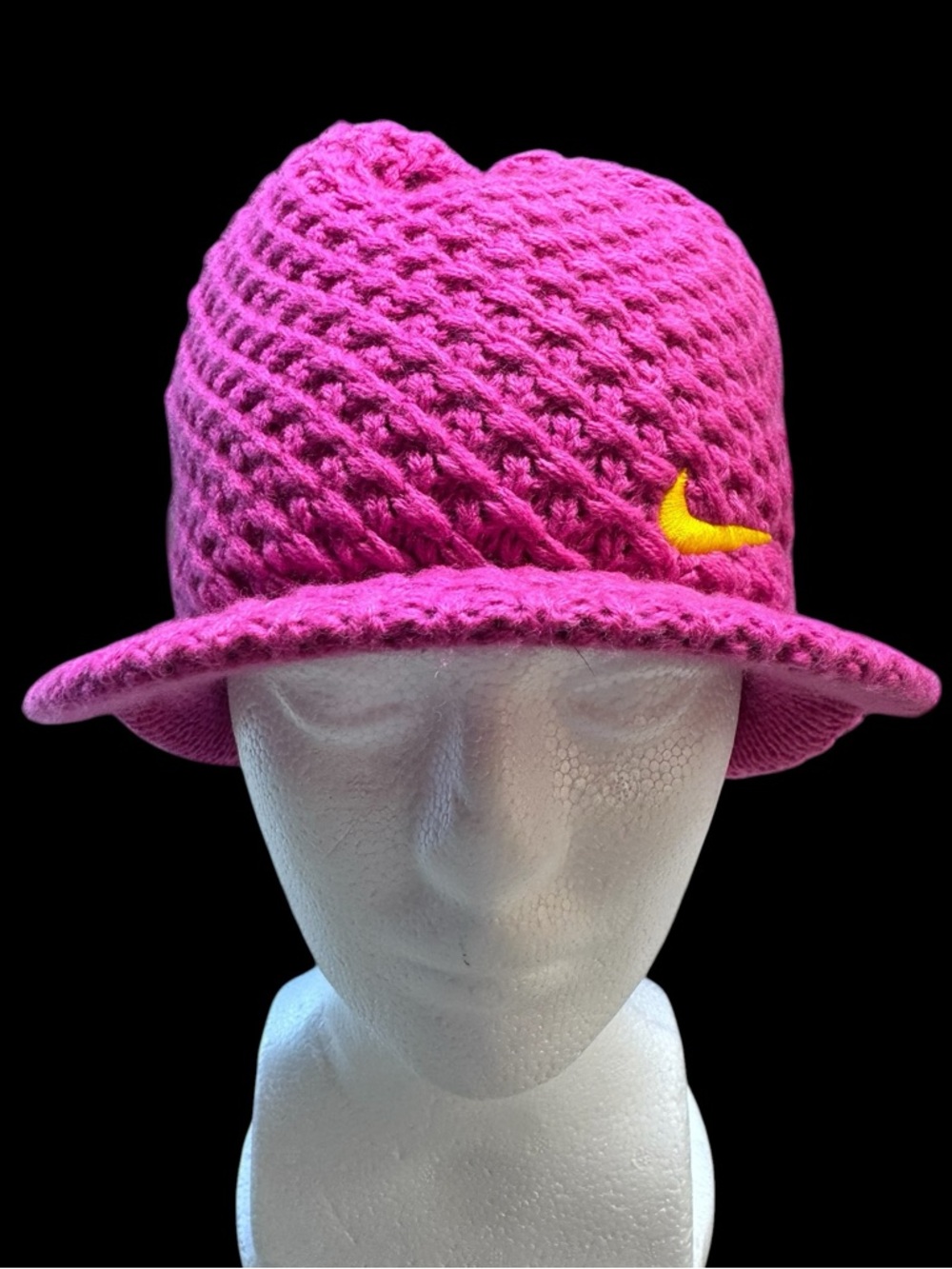 NIKE crocheted newsboy-style beanie structured brim Hot Pink Yellow Swoosh